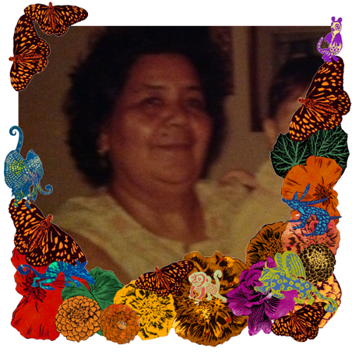 Photo of Petra Araujo in a frame with marigolds, flowers, alebrijes and monarch butterflies.