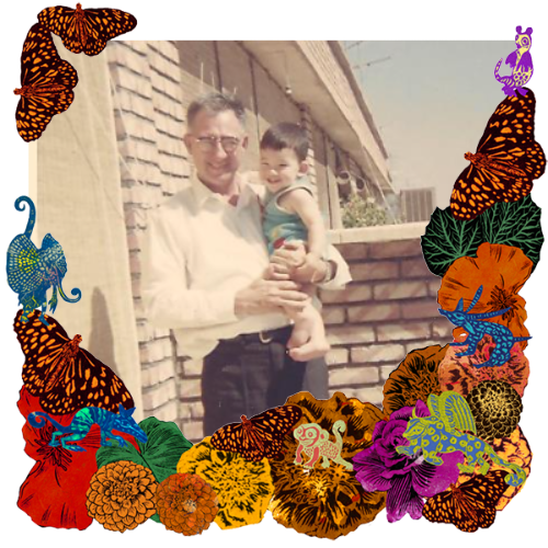 Photo of My Pop in a frame with marigolds, flowers, alebrijes and monarch butterflies.