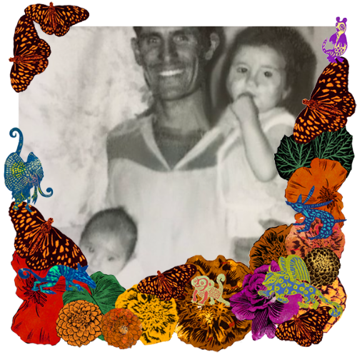 Photo of Porfirio Gonzales in a frame with marigolds, flowers, alebrijes and monarch butterflies.
