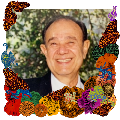 Photo of Pretty Papa in a frame with marigolds, flowers, alebrijes and monarch butterflies.