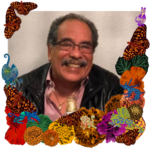 Photo of Querido padre, esposo, hermano, amigo in a frame with marigolds, flowers, alebrijes and monarch butterflies.