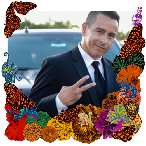 Photo of Quintana Santana Márquez in a frame with marigolds, flowers, alebrijes and monarch butterflies.