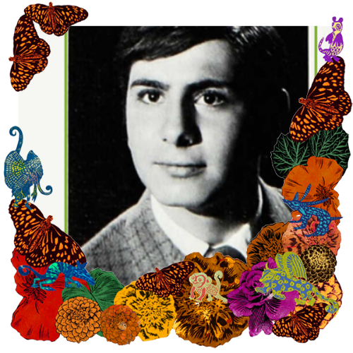 Photo of RHB in a frame with marigolds, flowers, alebrijes and monarch butterflies.