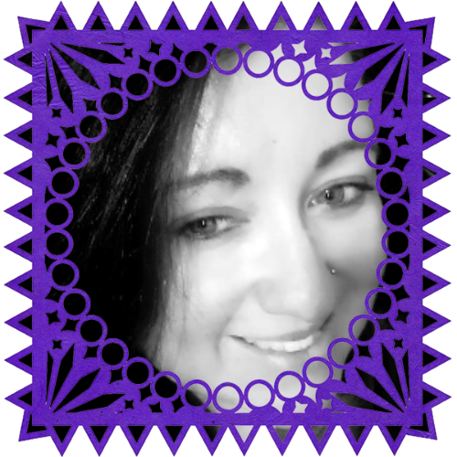 Photo of Raine Sheffield Hays in a frame with papel picado.