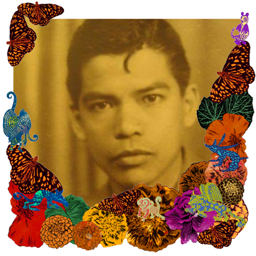 Photo of Ramon Aure Panaligan in a frame with marigolds, flowers, alebrijes and monarch butterflies.