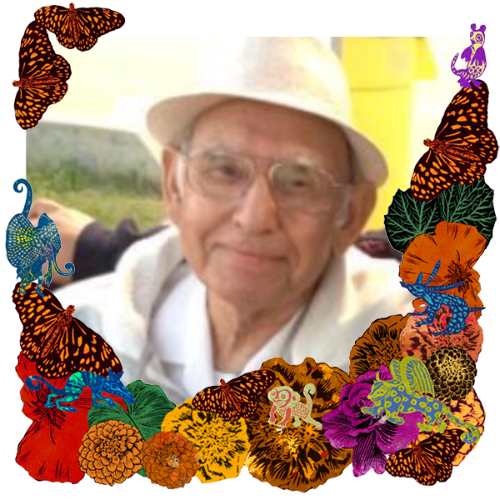 Photo of Ramon Cordova Rivera in a frame with marigolds, flowers, alebrijes and monarch butterflies.