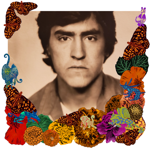 Photo of Ramon Puente Raya in a frame with marigolds, flowers, alebrijes and monarch butterflies.