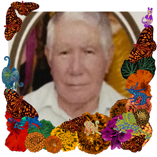 Photo of Ramon Rivera in a frame with marigolds, flowers, alebrijes and monarch butterflies.