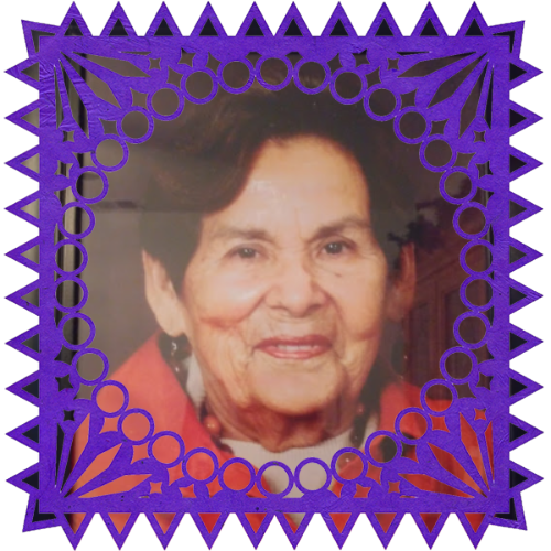 Photo of Ramona Garcia in a frame with papel picado.