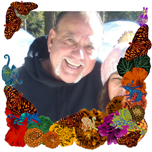 Photo of Raymond Nicacio Gonzales in a frame with marigolds, flowers, alebrijes and monarch butterflies.