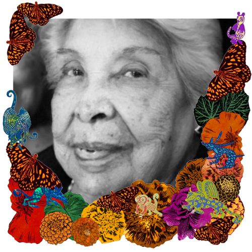 Photo of Rebequita Ontiveros in a frame with marigolds, flowers, alebrijes and monarch butterflies.