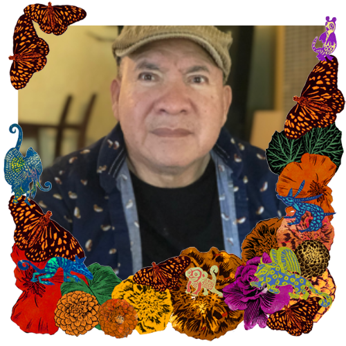Photo of Ricardo Cornejo in a frame with marigolds, flowers, alebrijes and monarch butterflies.