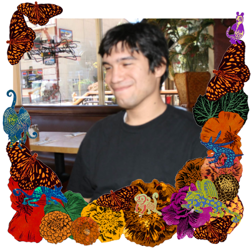 Photo of Ricardo Fernandez in a frame with marigolds, flowers, alebrijes and monarch butterflies.