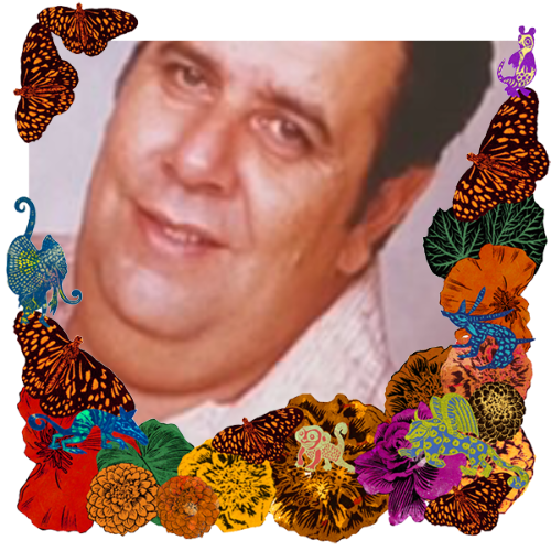 Photo of Ricardo Ramirez in a frame with marigolds, flowers, alebrijes and monarch butterflies.