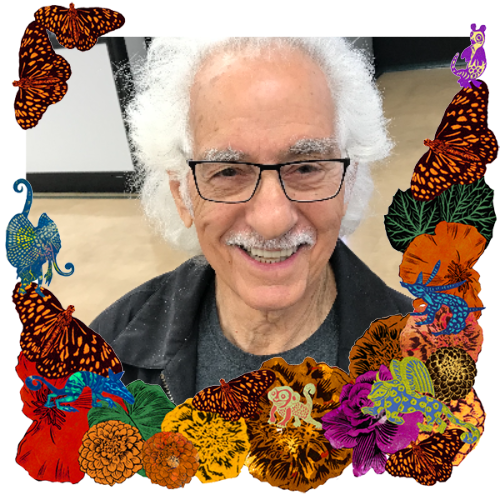 Photo of Richard Abcarian in a frame with marigolds, flowers, alebrijes and monarch butterflies.