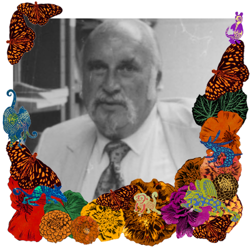 Photo of Richard Alan Waterman in a frame with marigolds, flowers, alebrijes and monarch butterflies.