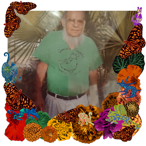 Photo of Richard C Gracia in a frame with marigolds, flowers, alebrijes and monarch butterflies.