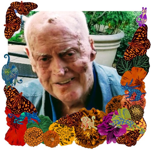 Photo of Richard James Hansen in a frame with marigolds, flowers, alebrijes and monarch butterflies.