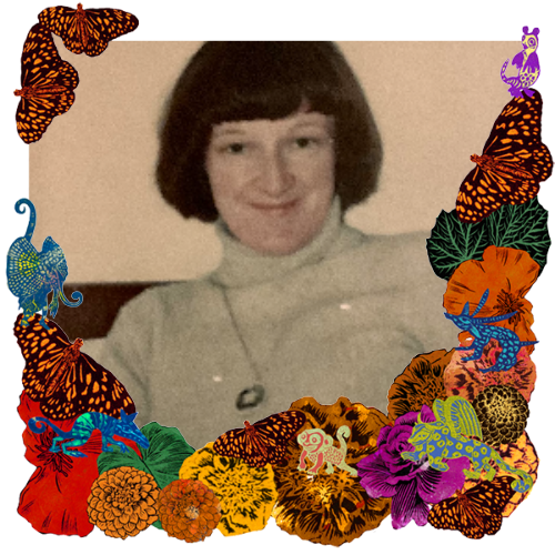Photo of Rita Conneely in a frame with marigolds, flowers, alebrijes and monarch butterflies.