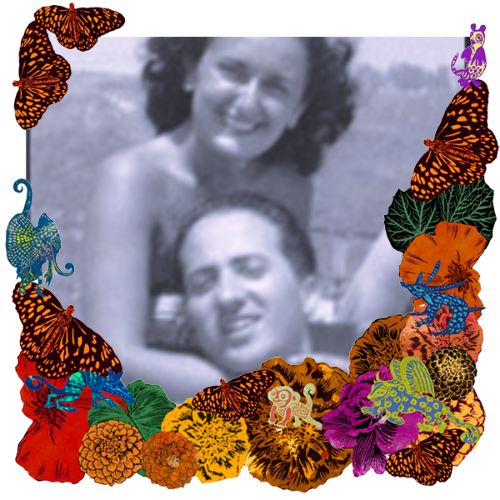 Photo of Rivi and Nate in a frame with marigolds, flowers, alebrijes and monarch butterflies.