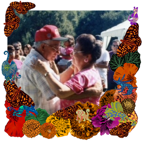 Photo of Robert and Betsy Reyes in a frame with marigolds, flowers, alebrijes and monarch butterflies.