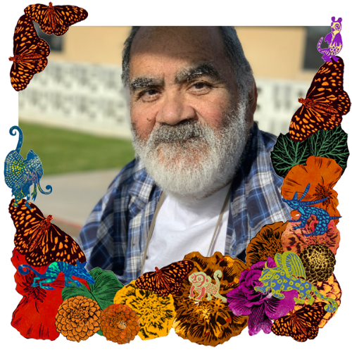 Photo of Robert Lee Verdugo, Jr. in a frame with marigolds, flowers, alebrijes and monarch butterflies.