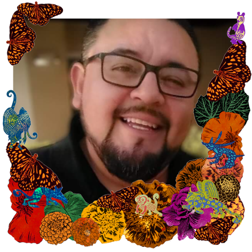 Photo of Roberto De La O in a frame with marigolds, flowers, alebrijes and monarch butterflies.