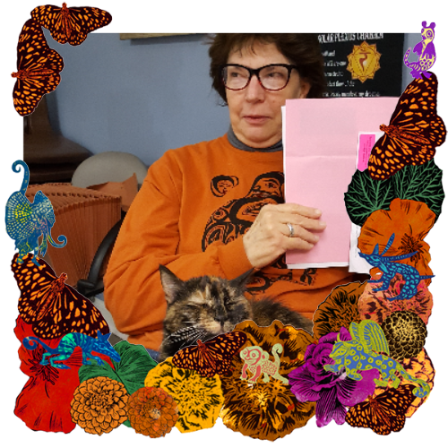 Photo of Robin and Nonna in a frame with marigolds, flowers, alebrijes and monarch butterflies.