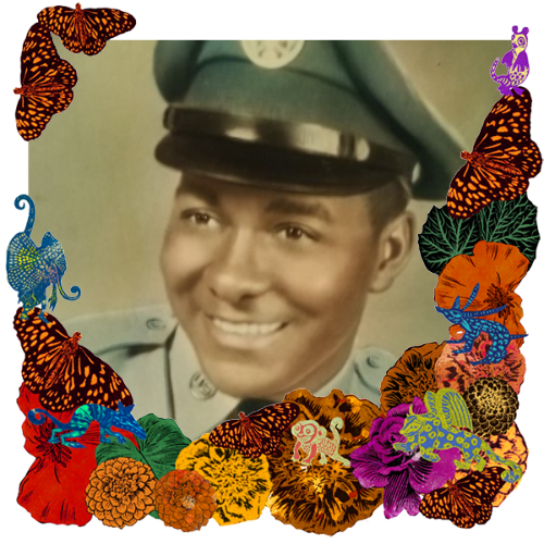 Photo of Rodney George in a frame with marigolds, flowers, alebrijes and monarch butterflies.