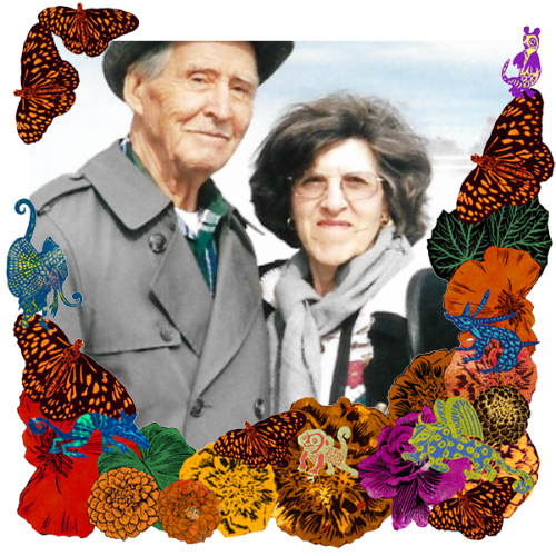 Photo of Rosa & Armando Gabaldón in a frame with marigolds, flowers, alebrijes and monarch butterflies.