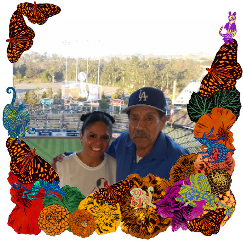 Photo of Rosa Miranda and Gerardo Espinoza in a frame with marigolds, flowers, alebrijes and monarch butterflies.