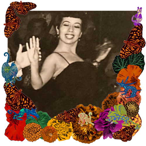 Photo of Rosa Turner in a frame with marigolds, flowers, alebrijes and monarch butterflies.