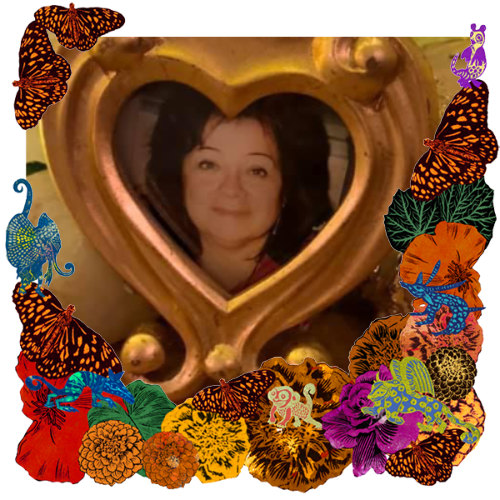 Photo of Rose Marie Dillon in a frame with marigolds, flowers, alebrijes and monarch butterflies.