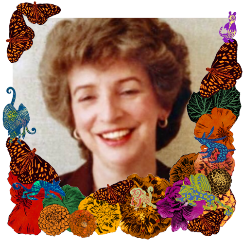 Photo of Rosemary Graves in a frame with marigolds, flowers, alebrijes and monarch butterflies.