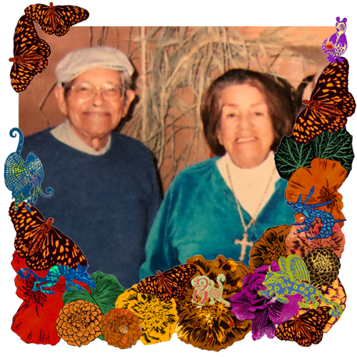 Photo of Rubén and Vera Cobos in a frame with marigolds, flowers, alebrijes and monarch butterflies.