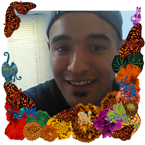 Photo of Ruben V. Ozuna in a frame with marigolds, flowers, alebrijes and monarch butterflies.