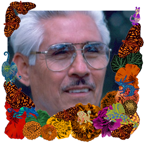 Photo of Salomon in a frame with marigolds, flowers, alebrijes and monarch butterflies.