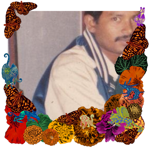 Photo of Sam Lopez in a frame with marigolds, flowers, alebrijes and monarch butterflies.
