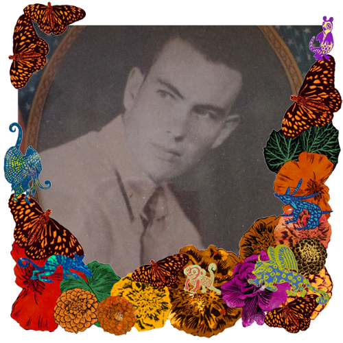 Photo of Sam Smith in a frame with marigolds, flowers, alebrijes and monarch butterflies.