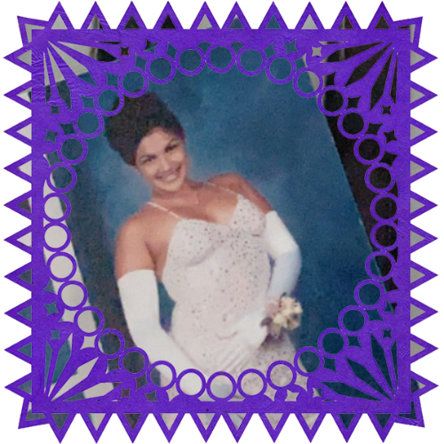 Photo of Samantha Hanzy in a frame with papel picado.