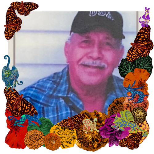 Photo of Samuel Giron in a frame with marigolds, flowers, alebrijes and monarch butterflies.