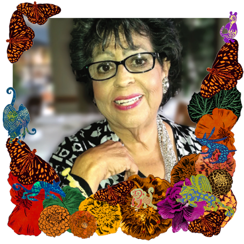 Photo of Sandra Serrano Sewell in a frame with marigolds, flowers, alebrijes and monarch butterflies.