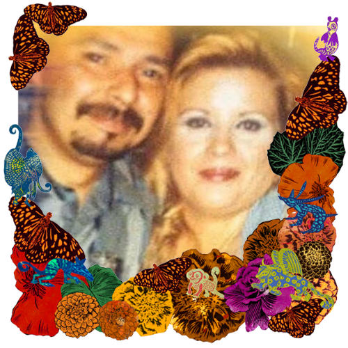 Photo of Sandy & Freddie Malfabon in a frame with marigolds, flowers, alebrijes and monarch butterflies.