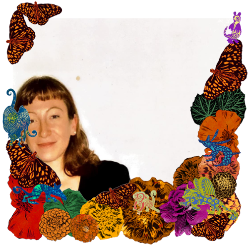Photo of Sara Lorber in a frame with marigolds, flowers, alebrijes and monarch butterflies.