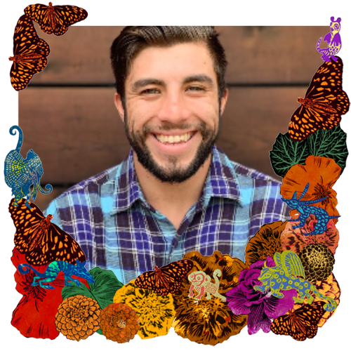 Photo of Saul Salvador De La Rosa in a frame with marigolds, flowers, alebrijes and monarch butterflies.