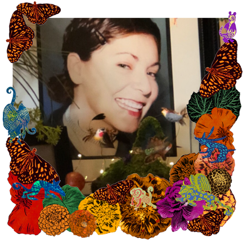 Photo of Selina in a frame with marigolds, flowers, alebrijes and monarch butterflies.