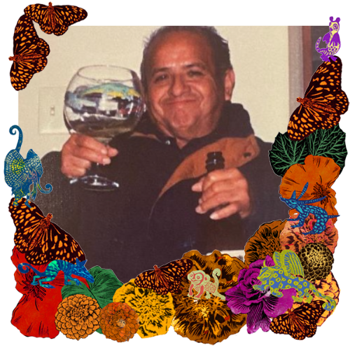 Photo of Sesar C. Armas in a frame with marigolds, flowers, alebrijes and monarch butterflies.