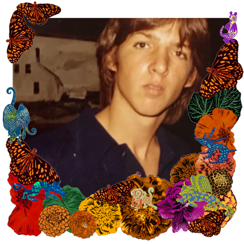 Photo of Shep in a frame with marigolds, flowers, alebrijes and monarch butterflies.