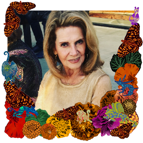 Photo of Sidna Marie Gonzalez Ubach in a frame with marigolds, flowers, alebrijes and monarch butterflies.