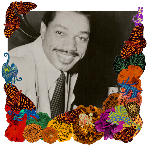 Photo of Slim Gaillard in a frame with marigolds, flowers, alebrijes and monarch butterflies.
